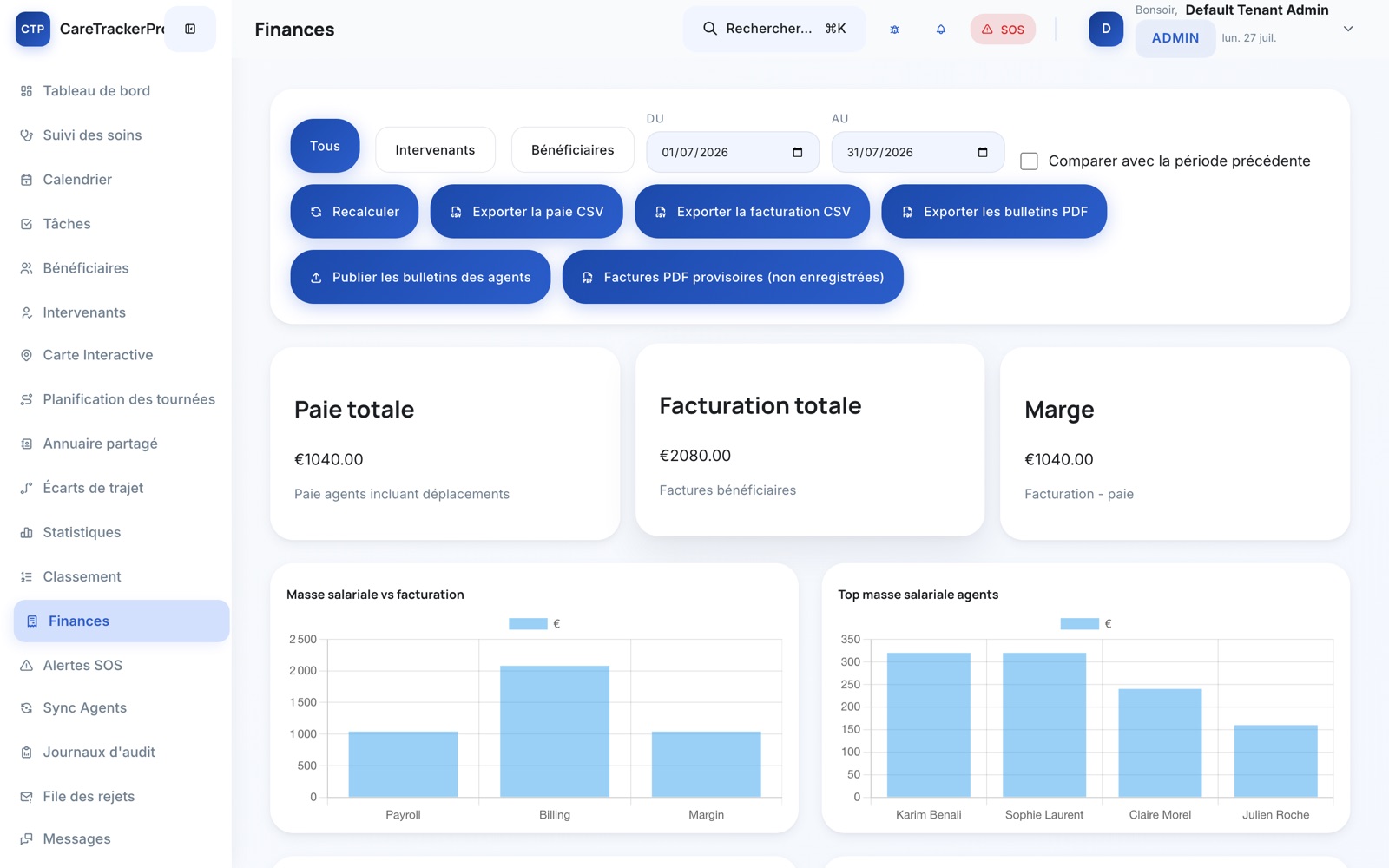 Module Finances Elimor : paie totale, facturation totale, marge et graphiques de masse salariale