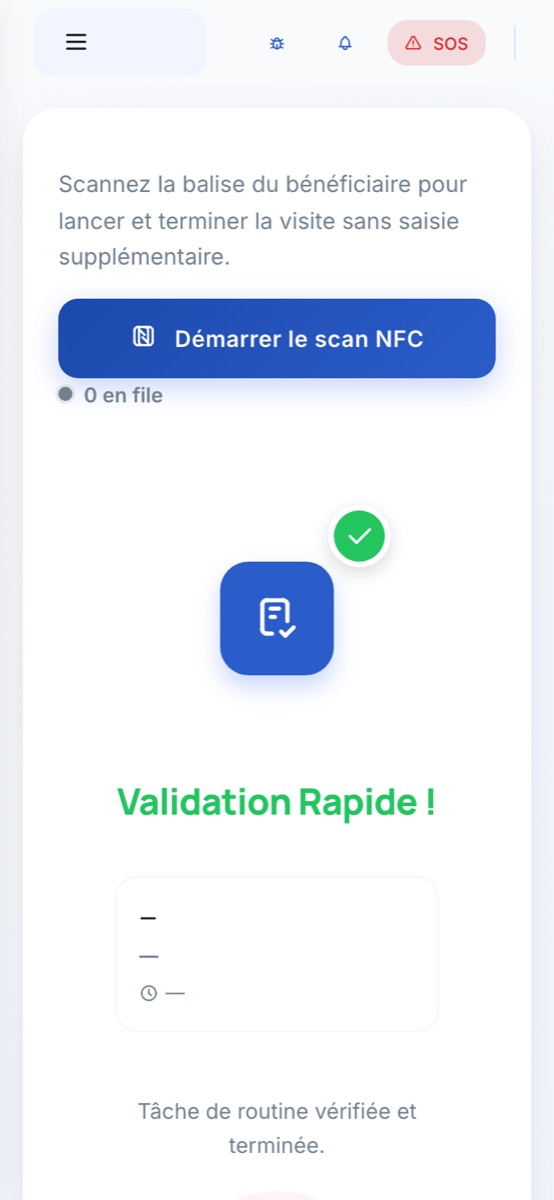 Application mobile Elimor : pointage NFC de l'intervenant à domicile avec validation rapide de la visite